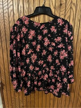CeCe Black Long-Sleeve Peplum Blouse with Pink Floral Print
